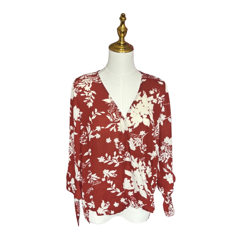 West K Floral Elegant Wrap Blouse | Rust Red and White